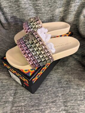 Kurt Geiger Iridescent Crystal Mosaic Slide Sandals - Pink, Green, Gold